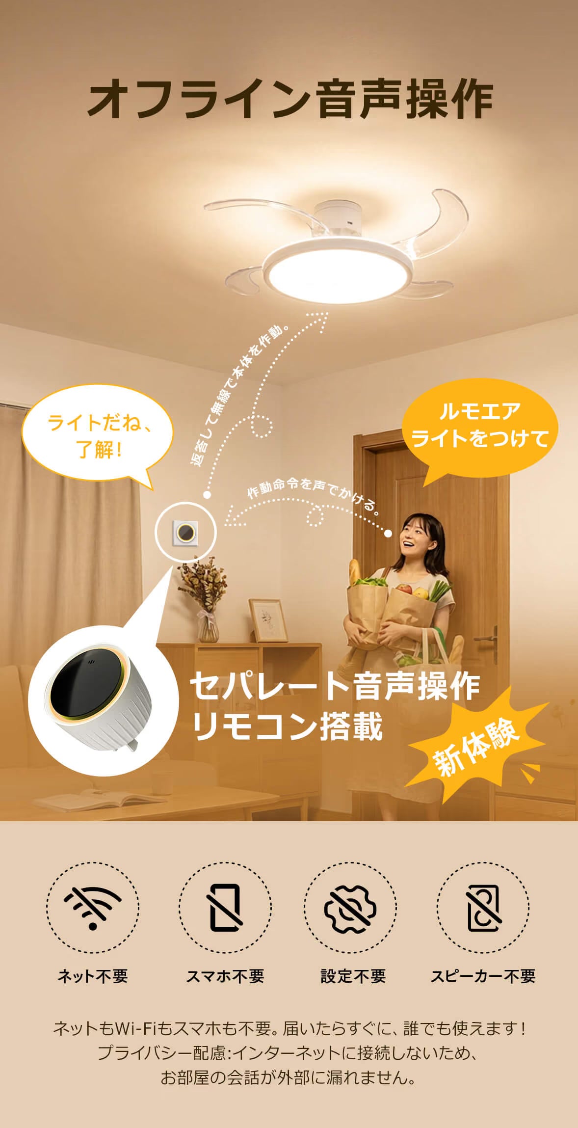 セパレート音声操作リモコンで照明とファンを操作する様子（ネット不要・スマホ不要・設定不要）