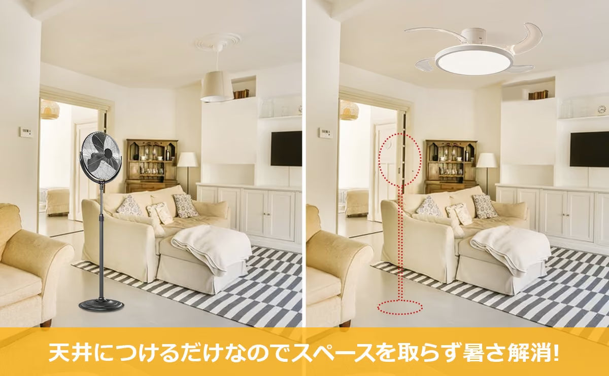 床置きの扇風機と天井設置のLumoAirの比較。天井につけるだけなのでスペースを取らない
